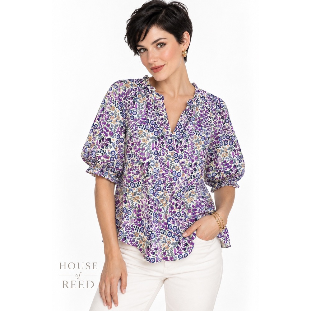 Talbots Petite Purple Floral Cotton Ruffle Neck Puff Sleeve Blouse MP